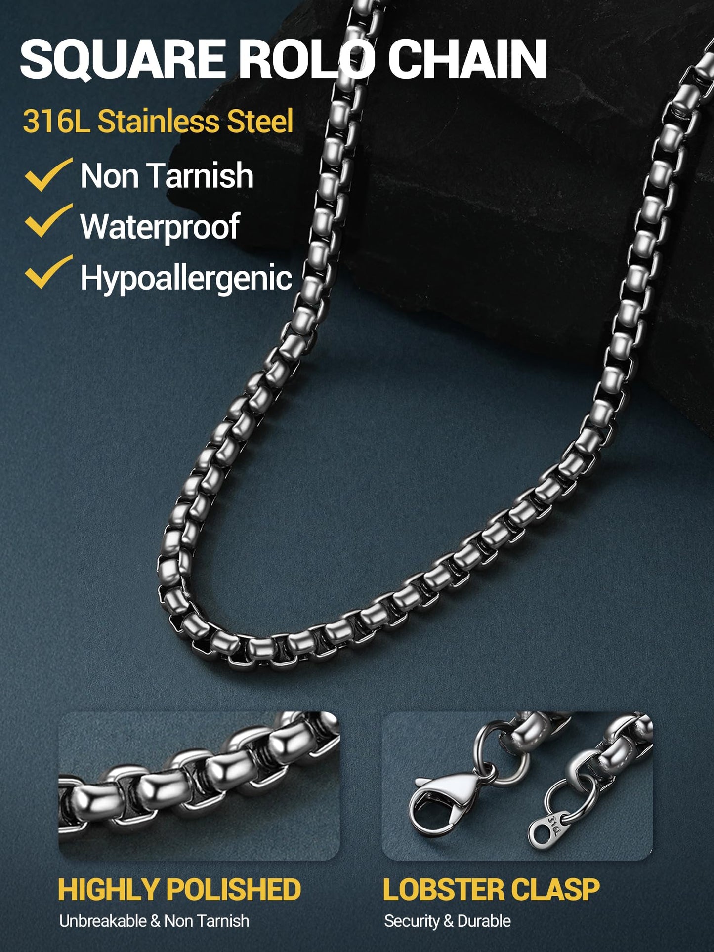 PROSTEEL Squre Rolo Link Chains, Stainless Steel Chain Necklace Waterproof & Strong Lobster Clasp 6mm Link Chains for Men and Women Jewelry with Gift Box 18in
