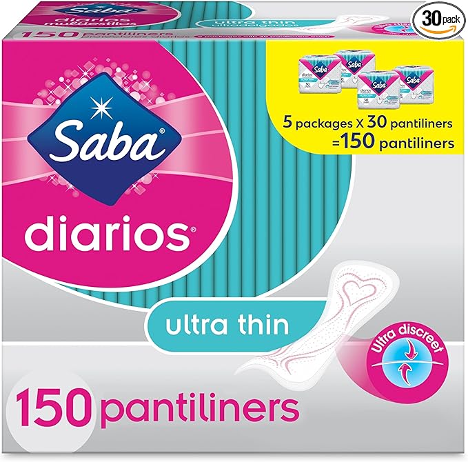 Saba Diarios Multishape Pantiliners | Ultra Thin & Discreet Panty Liners for Women | Designed for All Body Types | 150 Pantiliners (5 Packages, 30 Pantiliners Each)