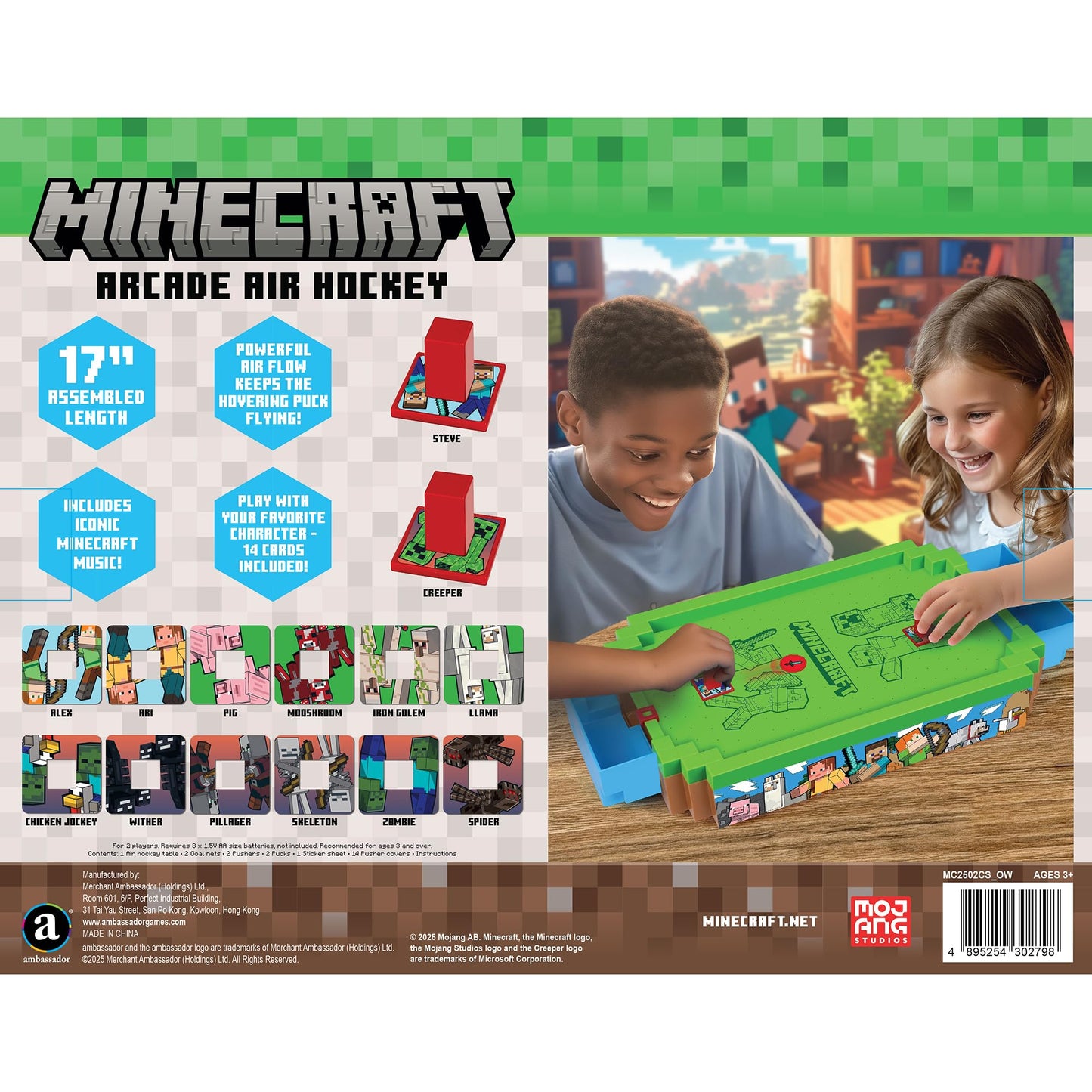 Minecraft: Arcade Air Hockey - Overworld - Core Series, 17" Motorized Tabletop Game, Iconic Sounds, Licensed Collectible Toy, Adults-Kids 3+, 2 Player