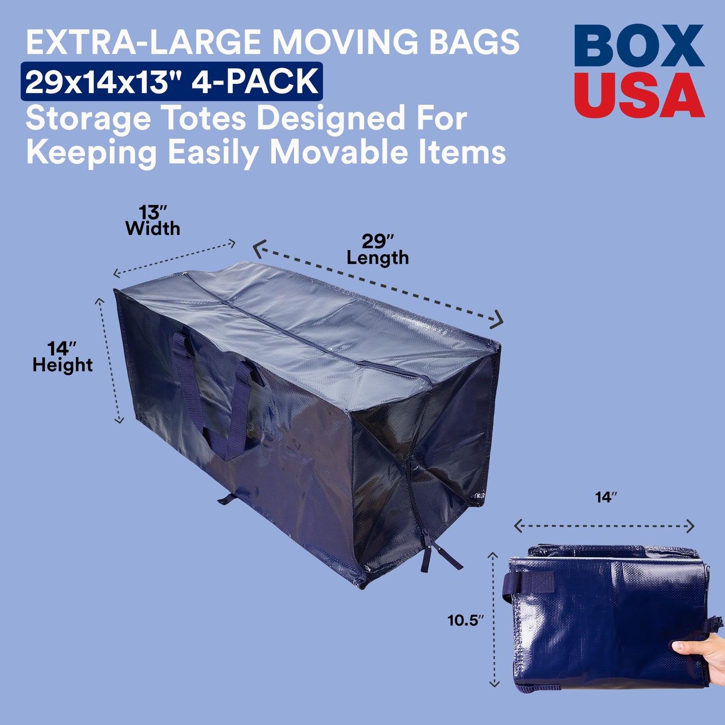 BOX USA 4-Pack Moving Bags with Strong Handles & Zippers - Heavy Duty Extra Large Packing Bags for Storage, Moving Boxes, Dorm & College Supplies, Blue