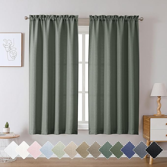 Chyhomenyc Bennet Olive Green Curtains 54 Inch Length 2 Panels, Faux Linen Textured Semi Sheer Light Filtering Soft Airy Rod Pocket Window Treatment Drapes for Living Room Bedroom, Each 30" Wx54 L