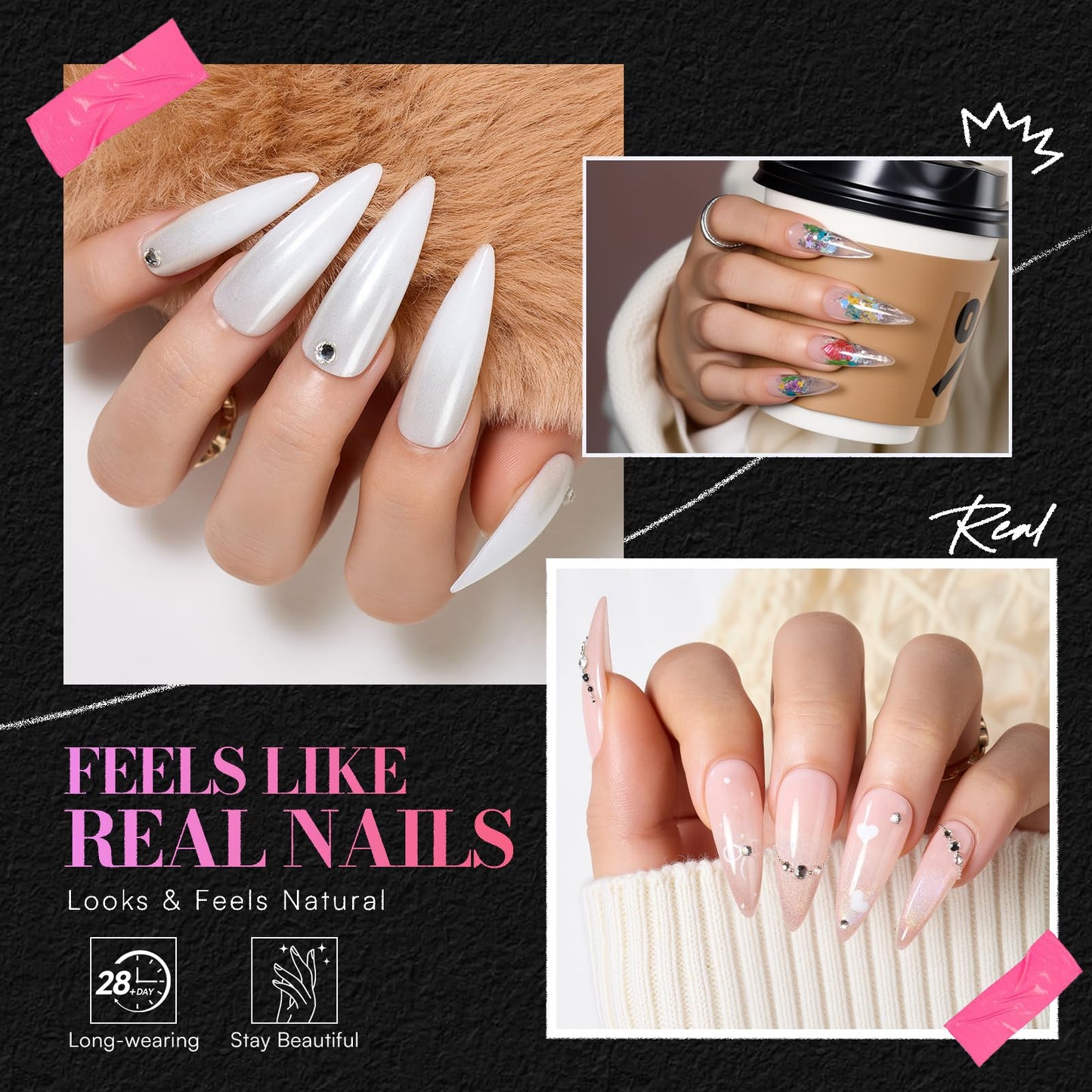 Makartt Medium Sharp Almond Nail Tips: Hybrid Almondetto Shape, 15 Sizes Clear Full Cover Fake Nails Extension, 240PCS Half Matte Soft Gel Tips for DIY Nail Lovers, Press-on Creators, Salon Supplies