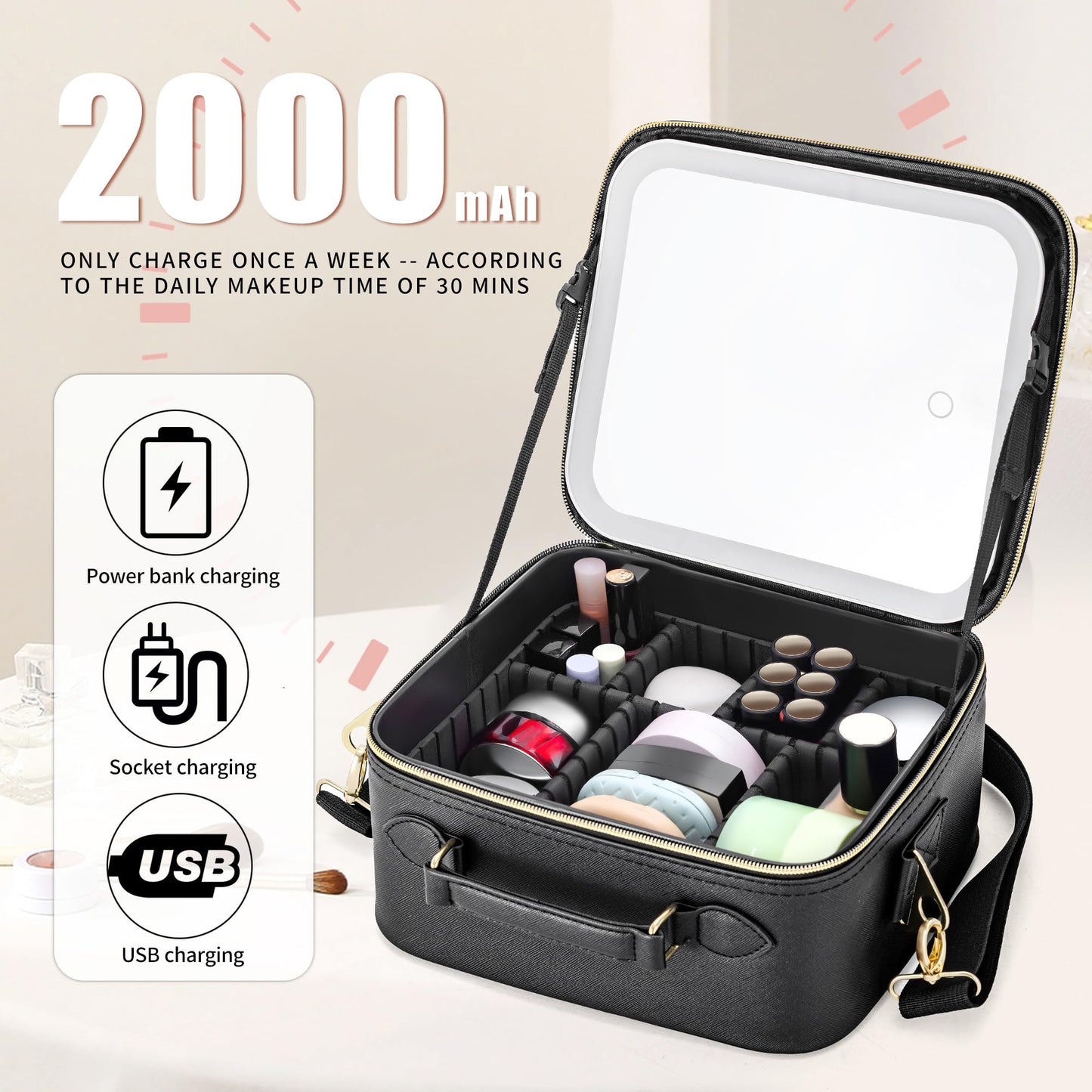 Gdsshuhung LED Makeup Bag with Mirror, Lighted Cosmetic Case with Natural Light, Adjustable Brightness and Soft Lighting, Travel Organizer with Compartments for Women(Black)