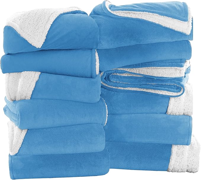 IR Imperial Rooms Light Blue Sherpa Fleece Throw Blanket Twin Size for Bed - Wholesale Bulk Pack of 12 Sherpa Blankets - Soft Fluffy Throw Blankets for Hotels, Guest Bedroom, 60x80 Inches