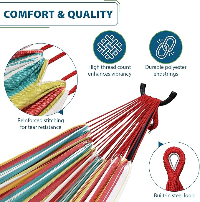Vivere Double Cotton Hammock with Space Saving Steel Stand, Upgraded Polyester End Strings 450 lb Capacity - Premium Carry Bag Included - USA Grown Cotton (Salsa)