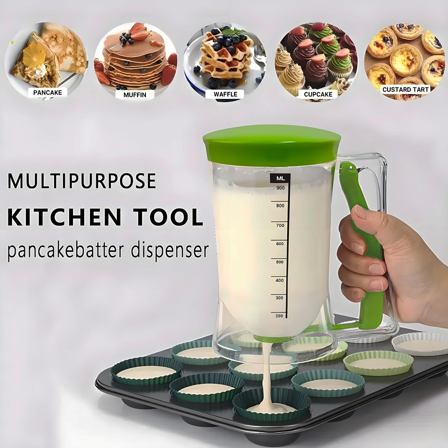 SoKalChw Pancake Batter Dispenser with Measuring Label, 4 Cup Capacity, 900ml With Squeeze Handle Kitchen Dispenser Bottle for Pancakes, Waffles, Muffins, Green