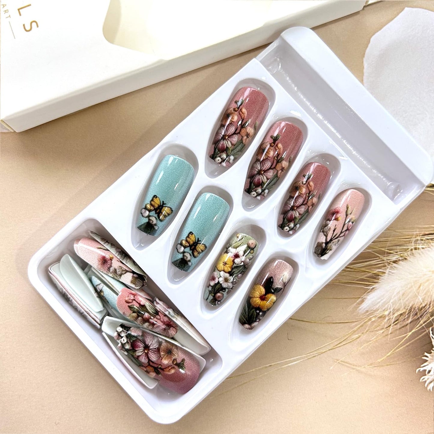 TBRZTR Flower Press on Nails Medium Ballet Shaped Full Cover Glossy Artificial Acrylic False Nail Floral Butterfly Pattern Design Spring Fake Nails Reusable Medium Glue on Nail for Women 24Pcs