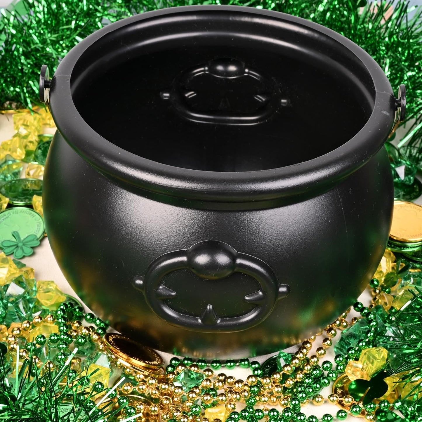 St Patrick's day 8" Black Cauldron Candy Kettle Set with Lucky Shamrock Plastic Coins Shamrock Garlands for St Patty Decorations, St. Patricks Day Party Favor