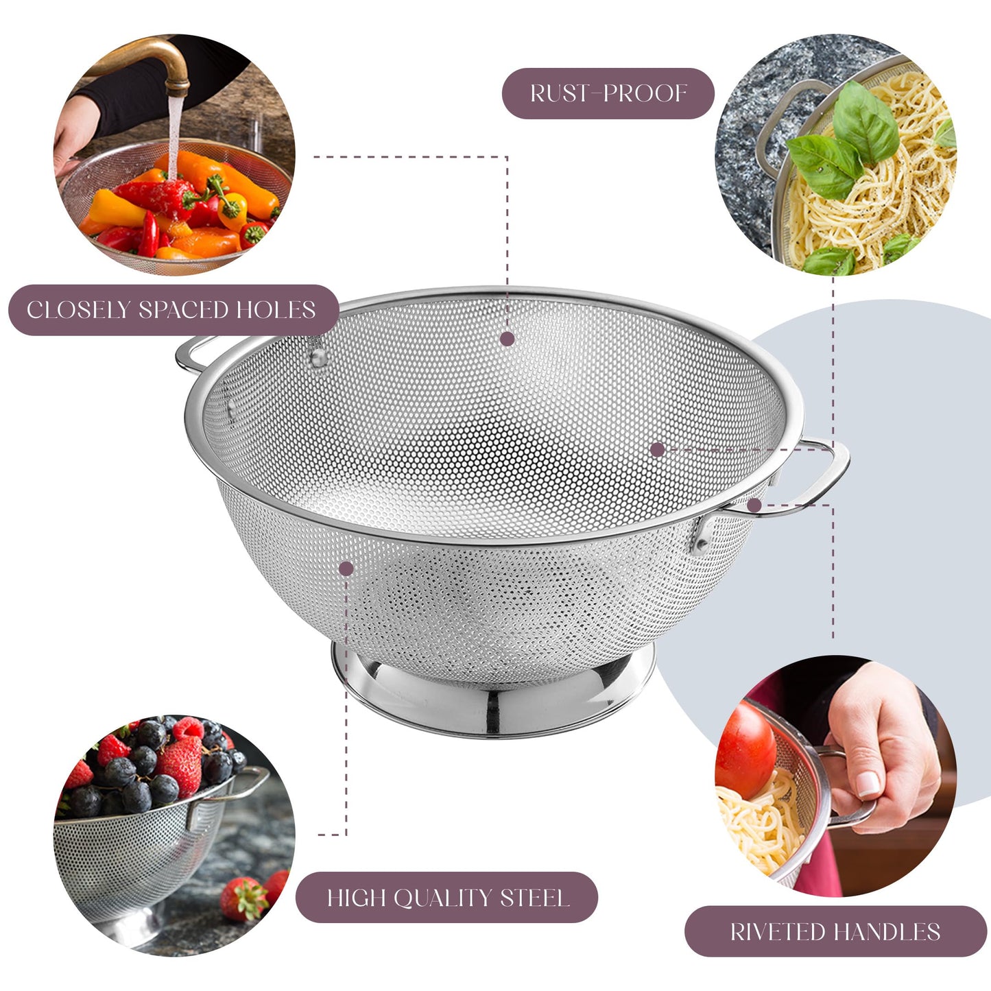 Bellemain Micro-perforated Stainless Steel Colander-Dishwasher Safe (3 QT and 5 QT)