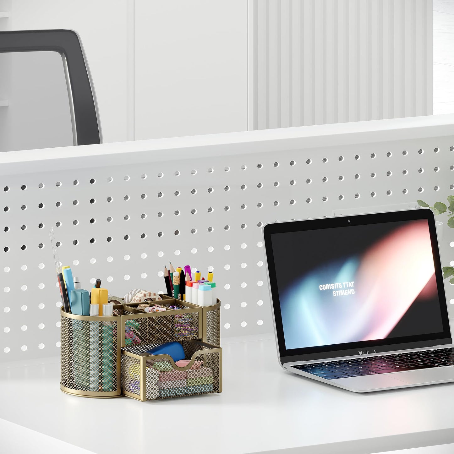 EasyPAG Mesh Pen Holder Desk Organizer with Drawer Stationery Supplies Organizer for Dorm School 9 Compartments Workspace Desk Accessories Organization for Office, Gold