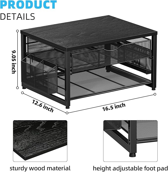 Marbrasse Wood Printer Stand for Desk, 2-Tier Desktop Printer Table for Home Office, Printer Stand with Storage Drawer 2 Pen Holders, Multi-Purpose Desk Organizer for Fax Machine Scanner (Wood Black)