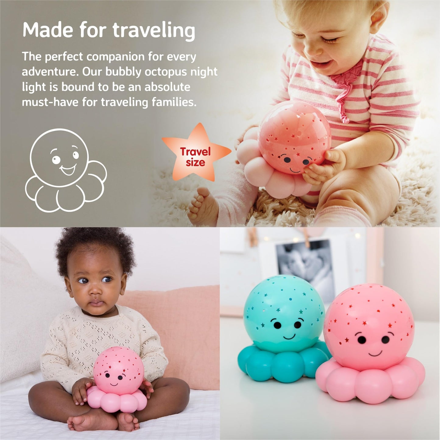 Cloud b Travel Comforting Nightlight Projector | Gentle Brightness | 3 Colors with Color Rotation Option | Auto-Shutoff | Octo Baby Pink