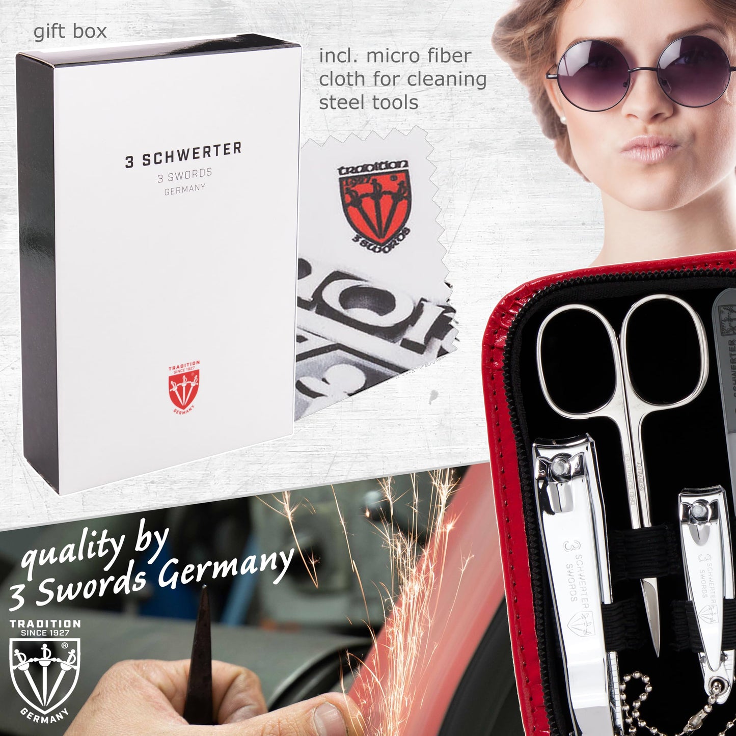 3 Swords Germany - brand quality 8 piece manicure pedicure grooming kit set synthetic leather case red - Made in Germany