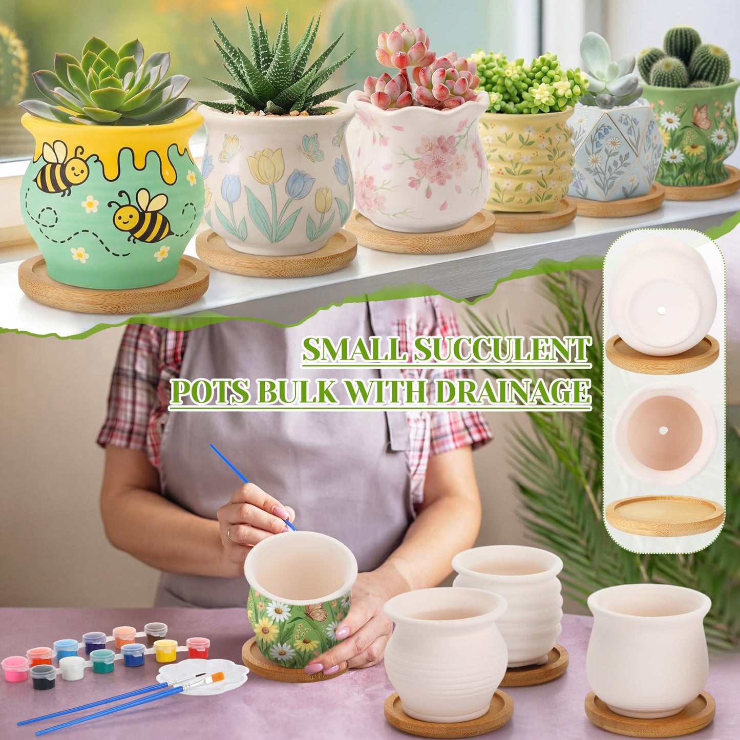 Leitee 15pcs Flower Pots 3 Inch Paint Your Own Ceramic Pot Craft Kit Ready-to-Paint Small Succulent Pots Bulk with Drainage Hole Paint Set Mini Paintable Plant Vase for Spring Birthday DIY Gift