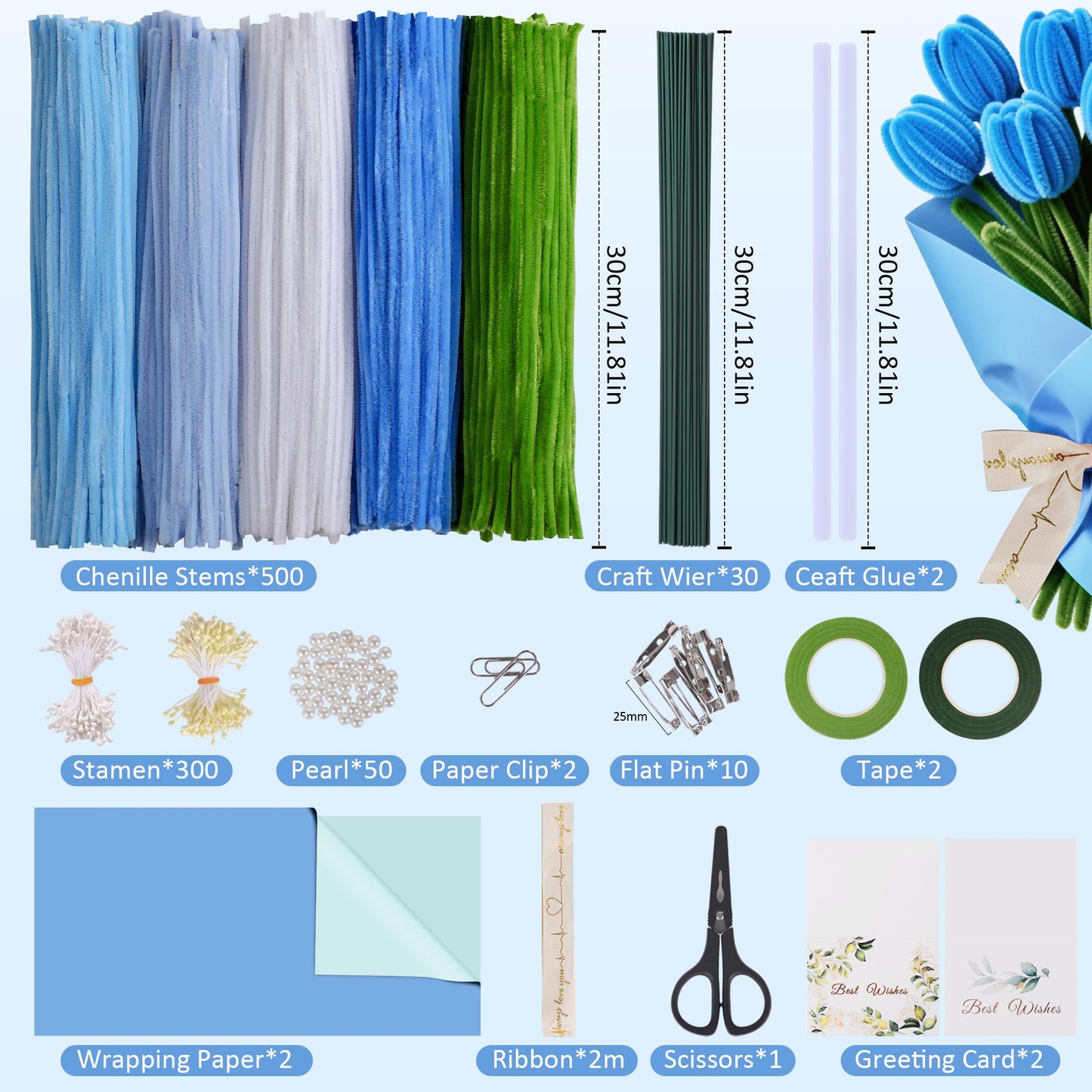 EARLY MINDS 500 Pcs Pipe Cleaners Craft Kit for Flower Making, DIY Bouquet Set with 8mm Chenille Stems, Step-by-Step Tutorial, Floral Wire, Ribbon & Tools for Handmade Gifts and Decor, Blue