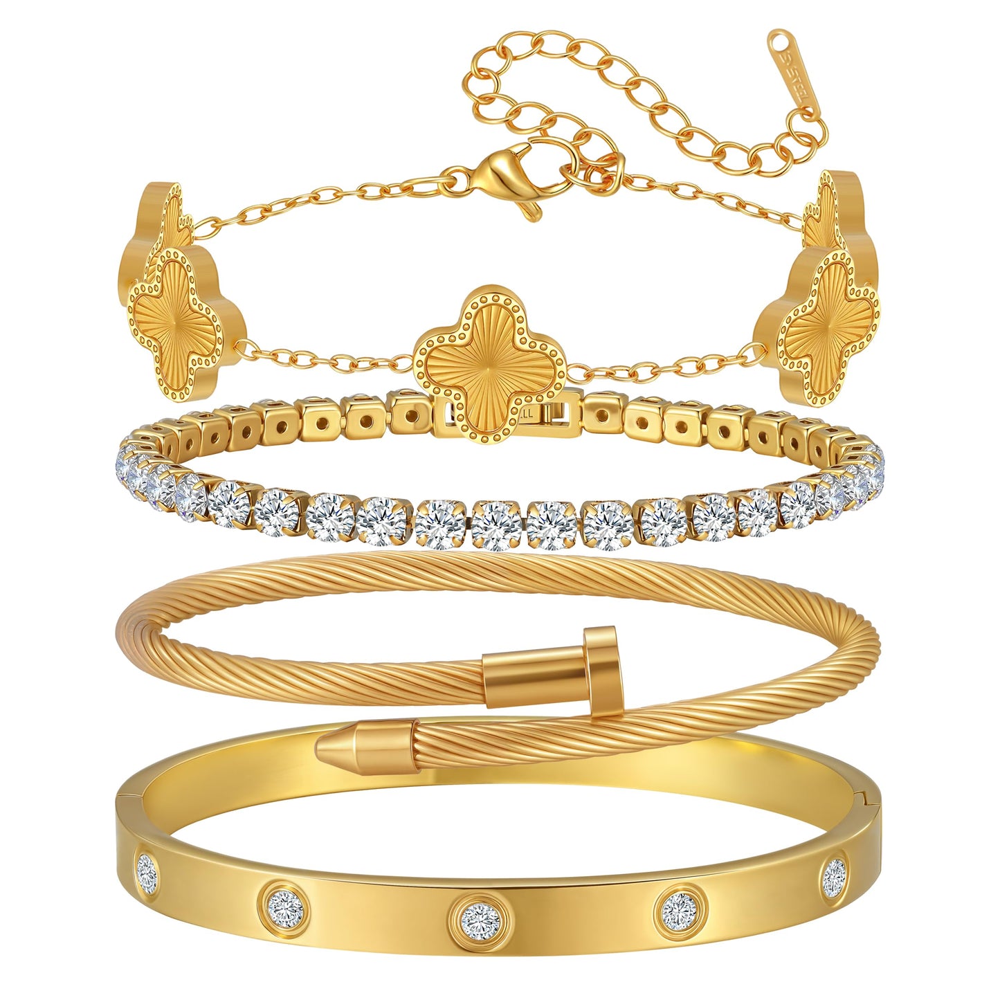 Jzrow 18K Gold Plated Bangle van cleef Bracelets Stack for Women,Four Leaf Clover Stackable Bracelets Non Tarnish,4 Pcs Jewelry sets Gifts (Gold)