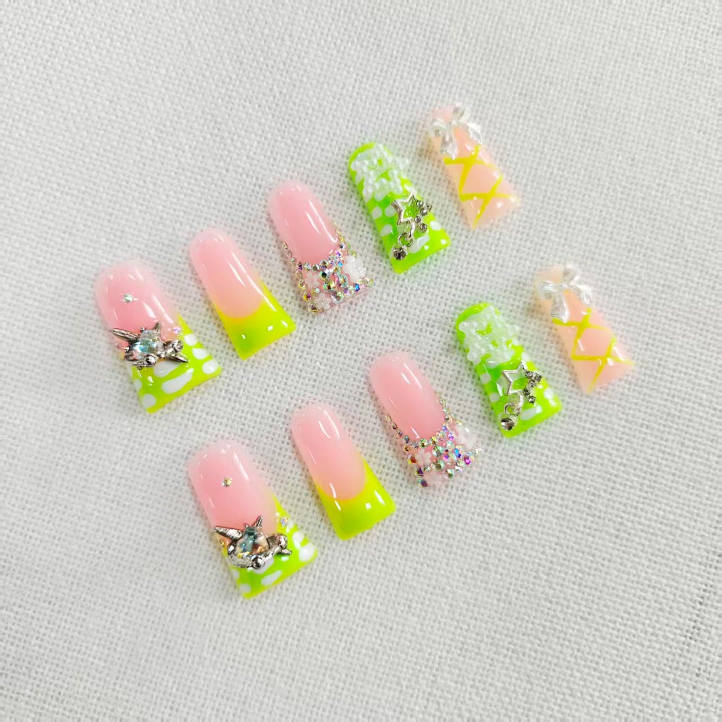 Luxury Press on Nails Long Duck Handmade Fake Nails Green French 3D Bow False Nails with Rhinestones Charms Designs Reusable Artificial Sparkly Acrylic Nails Press ons for Women 10Pcs (Size M)