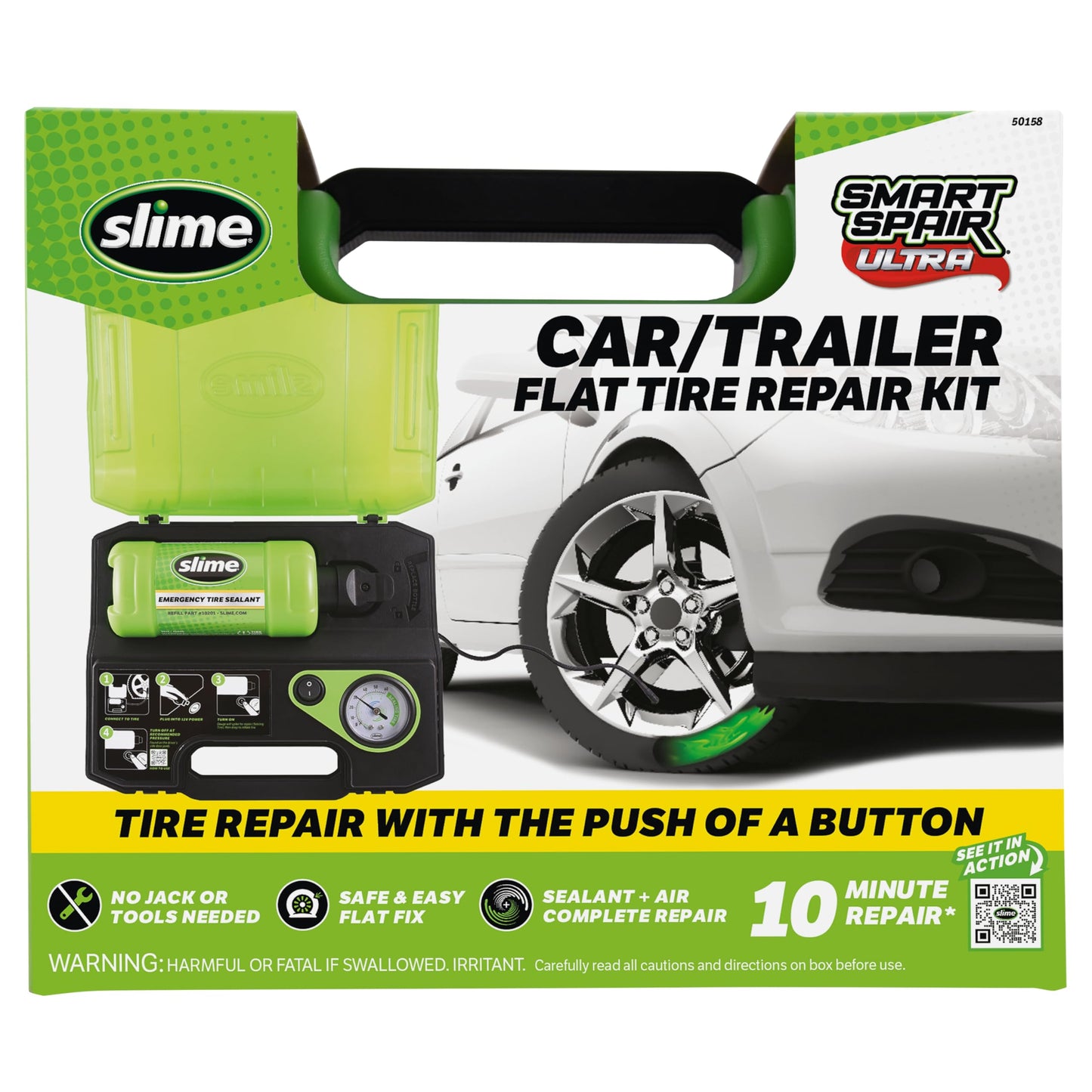 Slime 50158 Flat Tire Repair Kit, Smart Spair Ultra, All-in-One Solution, Repairs and Inflates, Car/Trailer, 10 Min Fix