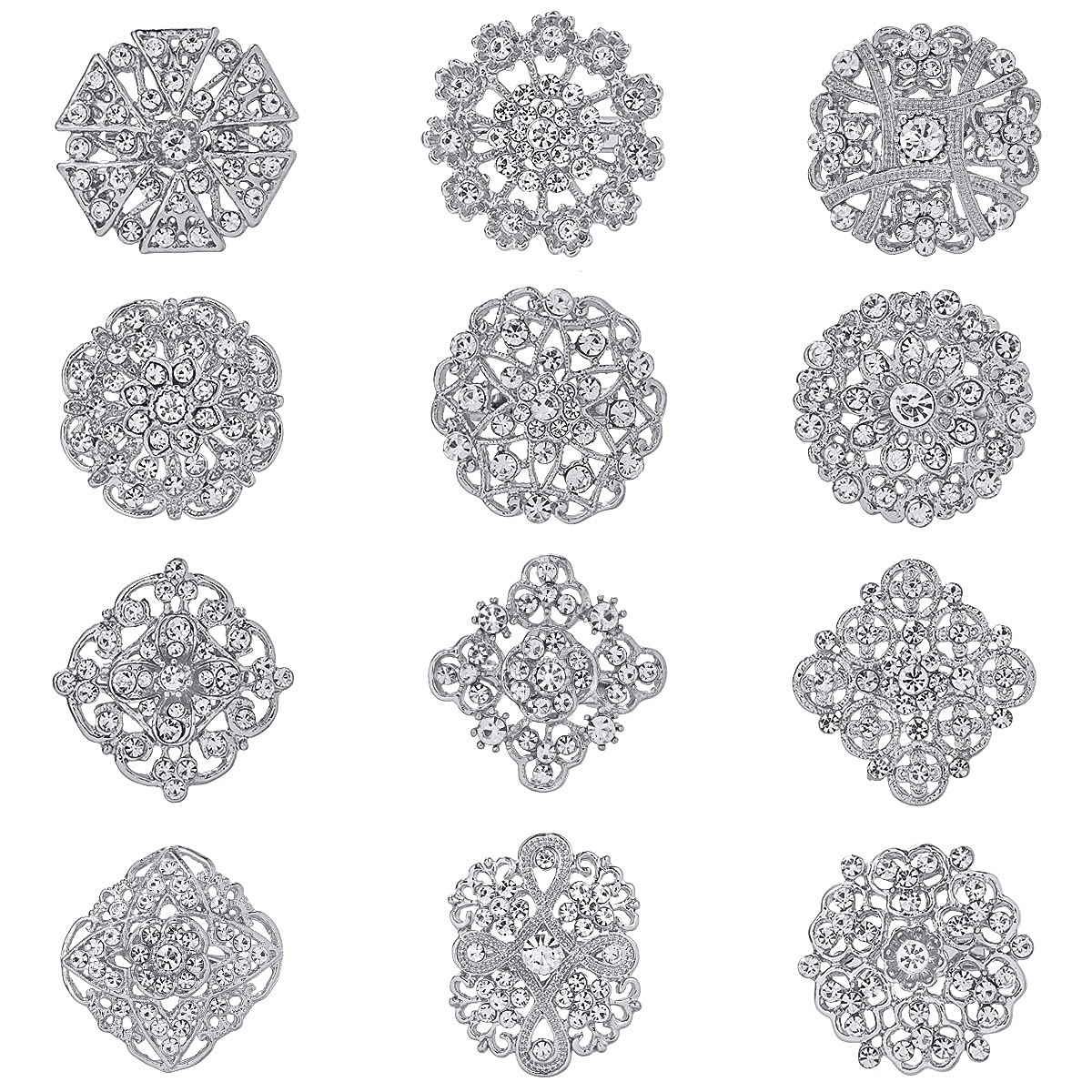 MEEDOZ Lot 12pcs Assorted Crystal Rhinestone Silver Tone Flower Brooch Pin Set for Women DIY Bridal Wedding Bouquet Kit (Silver)