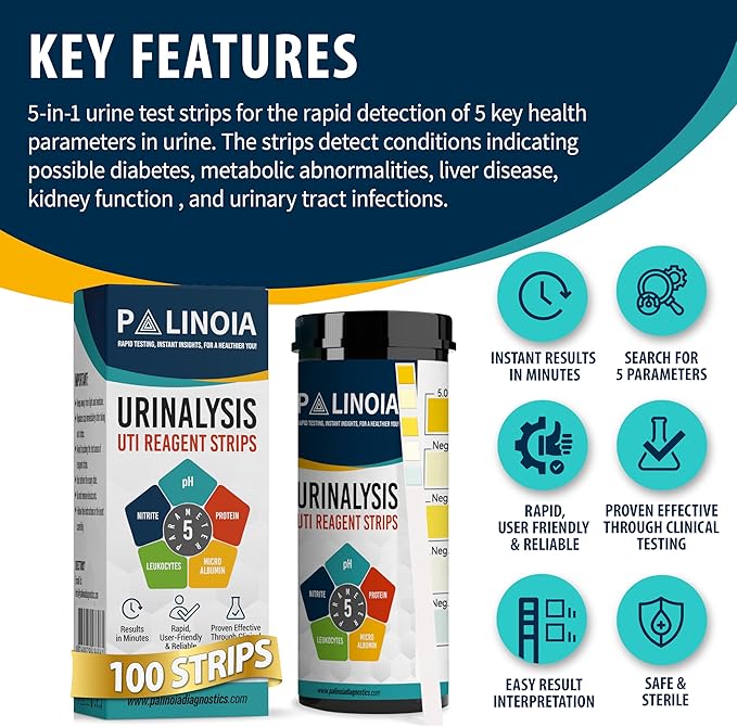 URS 5-in-1 Urine Test Strips 5 Parameters Testing UTI, Urinalysis for Ketosis, pH, Protein, 100 CT