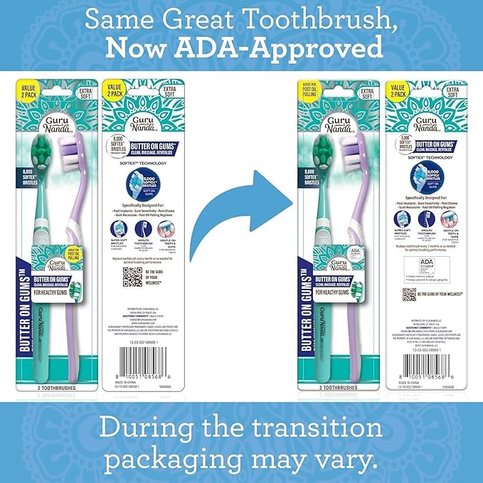 GuruNanda Butter On Gums Toothbrush, ADA Accepted, with 8000+ Ultra Soft Softex Bristles for Sensitive & Receding Gums, Perfect for Whiter Teeth, 2 Ct (Pack of 2)