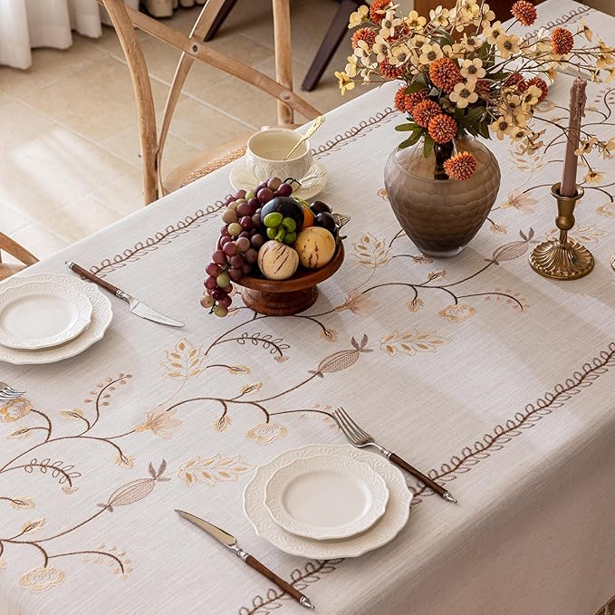 Joyfol Day Rustic Square Table Cloth, Heavy Duty Linen Florals Embroidery Tablecloths, Farmhouse Waterproof Tablecloth, Wrinkle Free Table Cover with Tassels, Coffee Berry, 55''x 55''