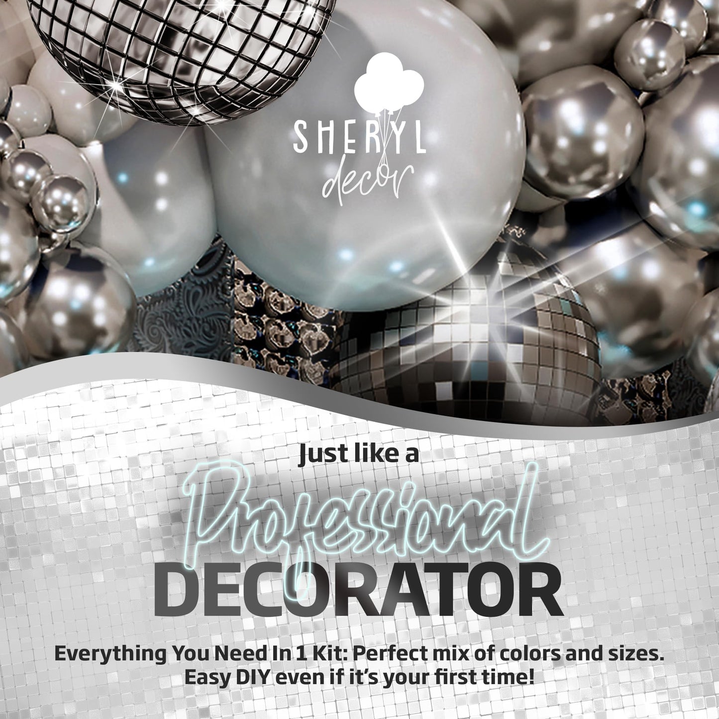 ALL-IN-1 Disco Balloon Arch Kit with BONUS Disco Ball Balloon for Party Decorations - Silver & White Balloons Garland for Disco Ball Party Decoration & Silver Party Decorations -Disco Balloons