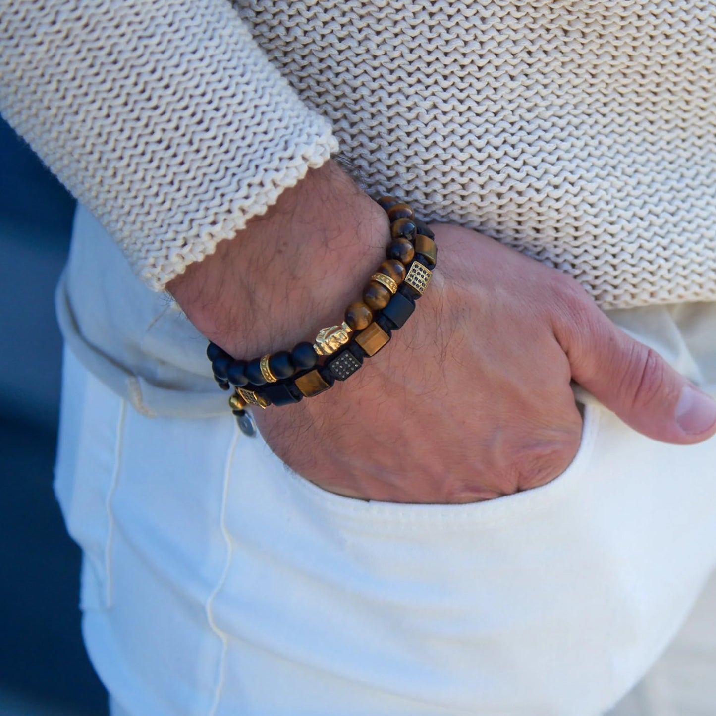 GT collection Flat Bead Bracelet, Gemstone Adjustable Bracelets for Men - Beaded Energy Bracelet for Relaxation and Peace, Handcrafted Men's Jewelry Gifts for Men
