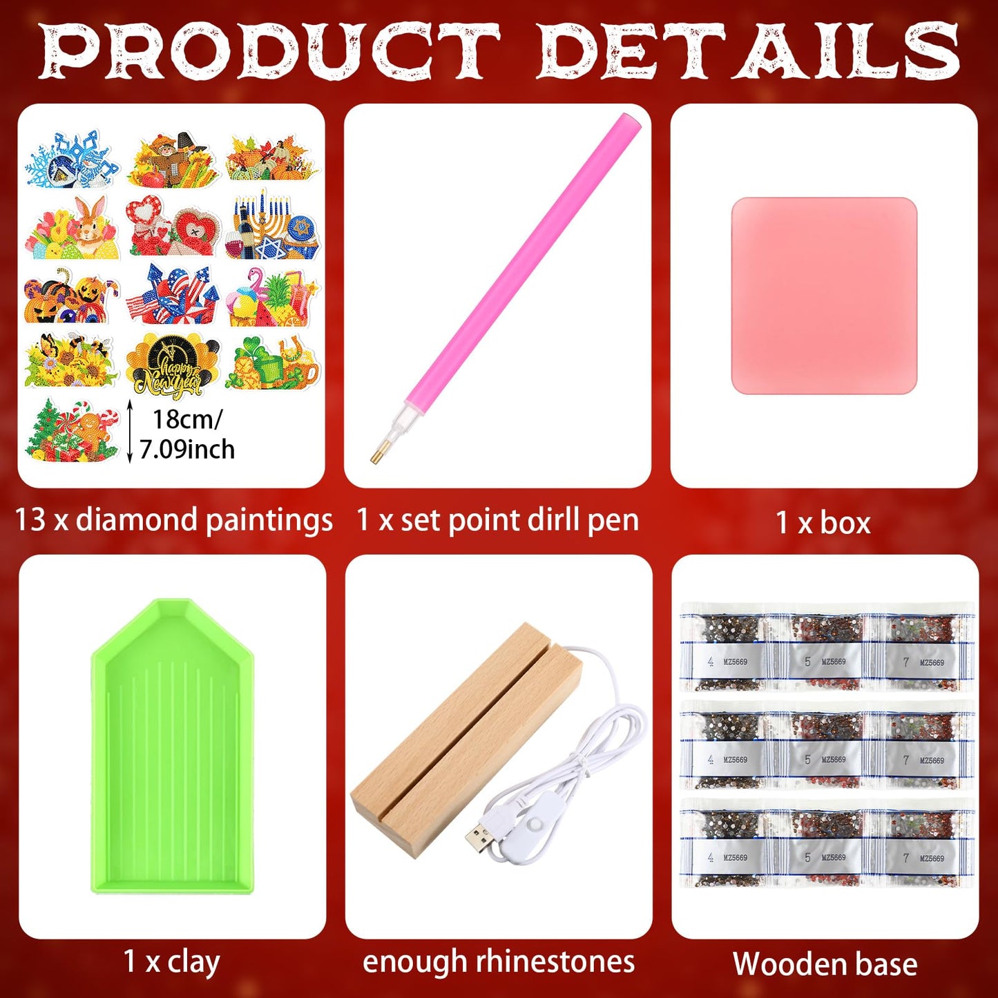 Chunful 13 Pcs Seasonal Diamond Art Tabletop Interchangeable Holiday Diamond Art Painting Kit with Wooden Light Base for 4th of July Summer Table Tiered Tray Home Office Tabletop Centerpiece Decor
