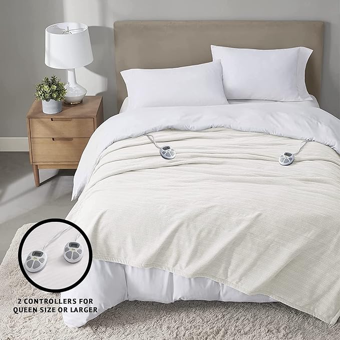Serta Travis Fleece Ultra Soft Tri-Rib Textured Electric Blanket, Cozy and Snuggly Cover Fast Heating for Cold Weather, Auto Shut Off, Multi Heat Setting Controller, Queen, Cream