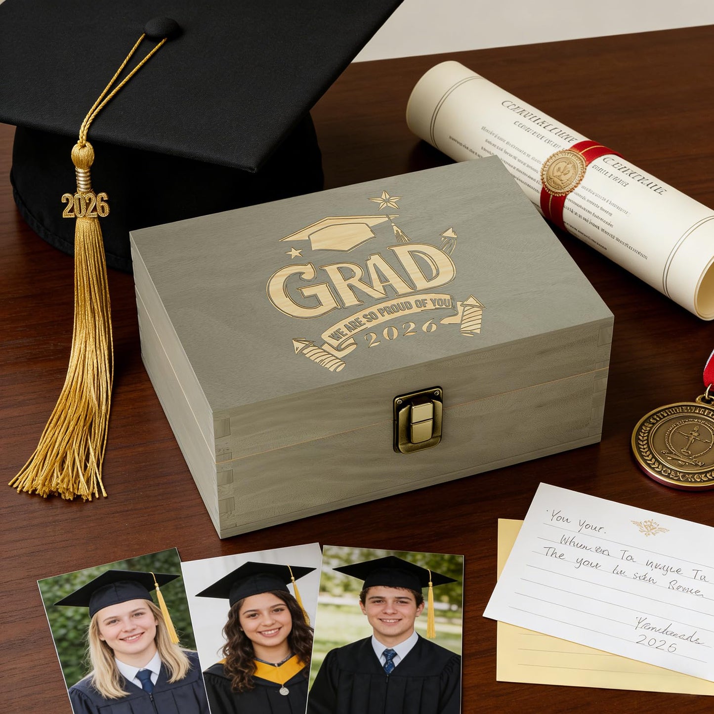 REMEIT Graduation Keepsake Box - Engraved Grad 2026 Wood Memory Box Congrats Grad Gift for Him Her, Perfect for Storing Graduation Memories & Mementos