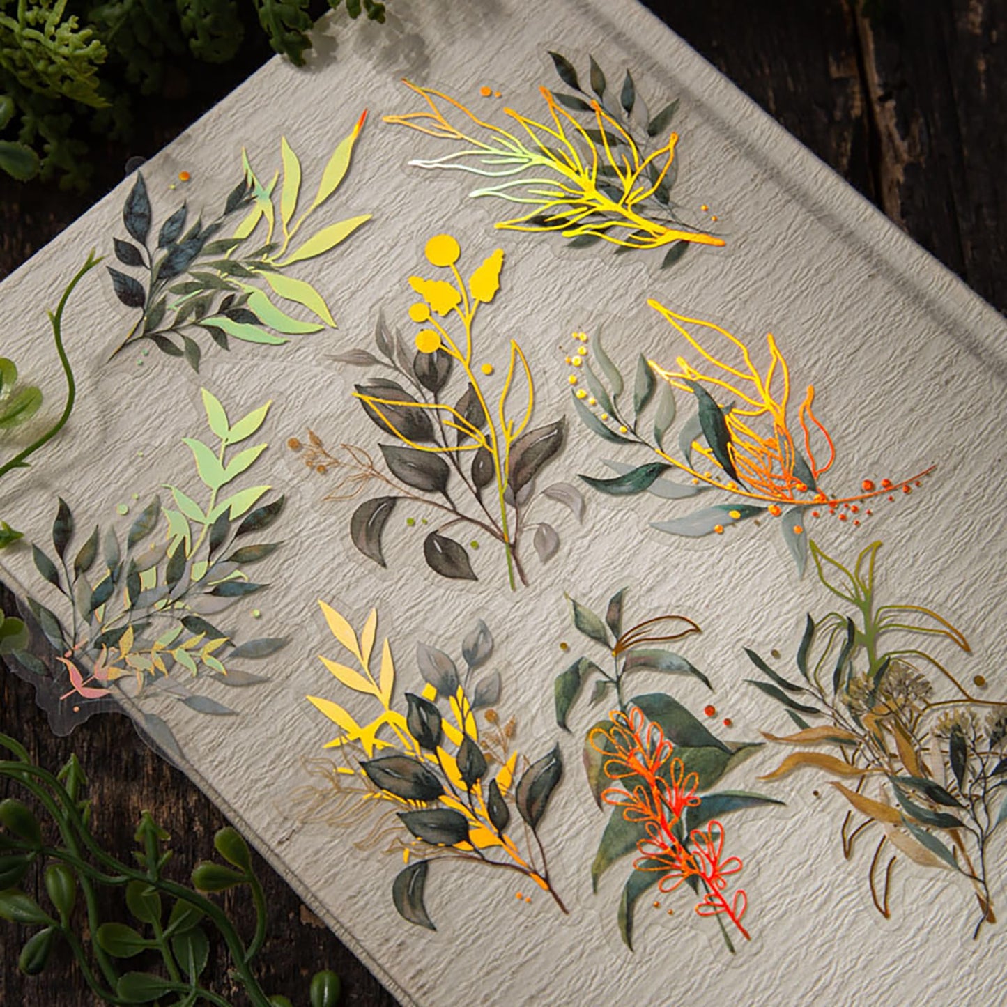 240 Pieces Gold Foil Botanical Stickers, Maxleaf Holographic Transparent Waterproof Flower Eucalyptus Scrapbooking Sticker, Floral Decals for Journaling Planner Card Making DIY Crafts