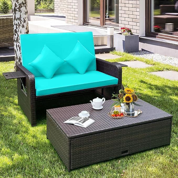 HAPPYGRILL Patio Rattan Wicker Daybed with Loveseat & Storage Ottoman, Outdoor Lounge Sofa Furniture Set with Adjustable Backrest & Side Trays, for Poolside Deck Porch Lawn (Mix Brown & Turquoise)