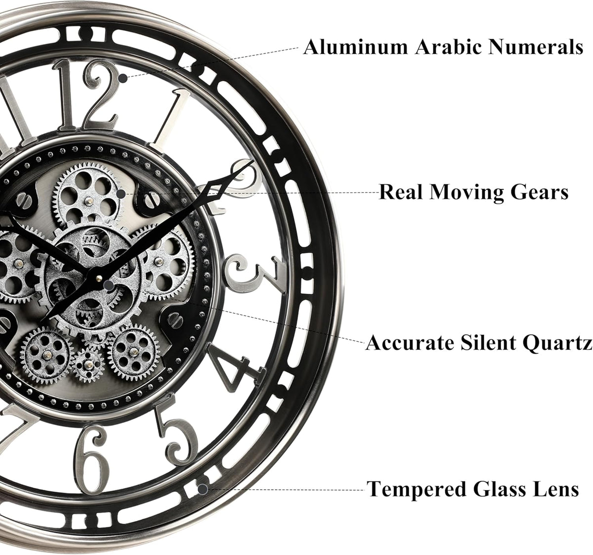 CLXEAST 21 Inch Large Moving Gear Wall Clock,Industrial Steampunk Decor,Decorative Wall Clock for Modern Farmhouse Living Room Decor,Gunmetal Silver Finish