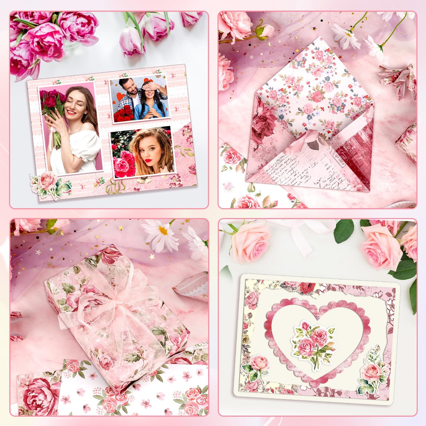 Konsait 24 Sheets Pink Flower Scrapbook Paper 12x12, Double Sided Rose Patterned Paper Floral Decorative Cardstock Pad Origami Papers for Card Making Romantic Scrapbook Supplies