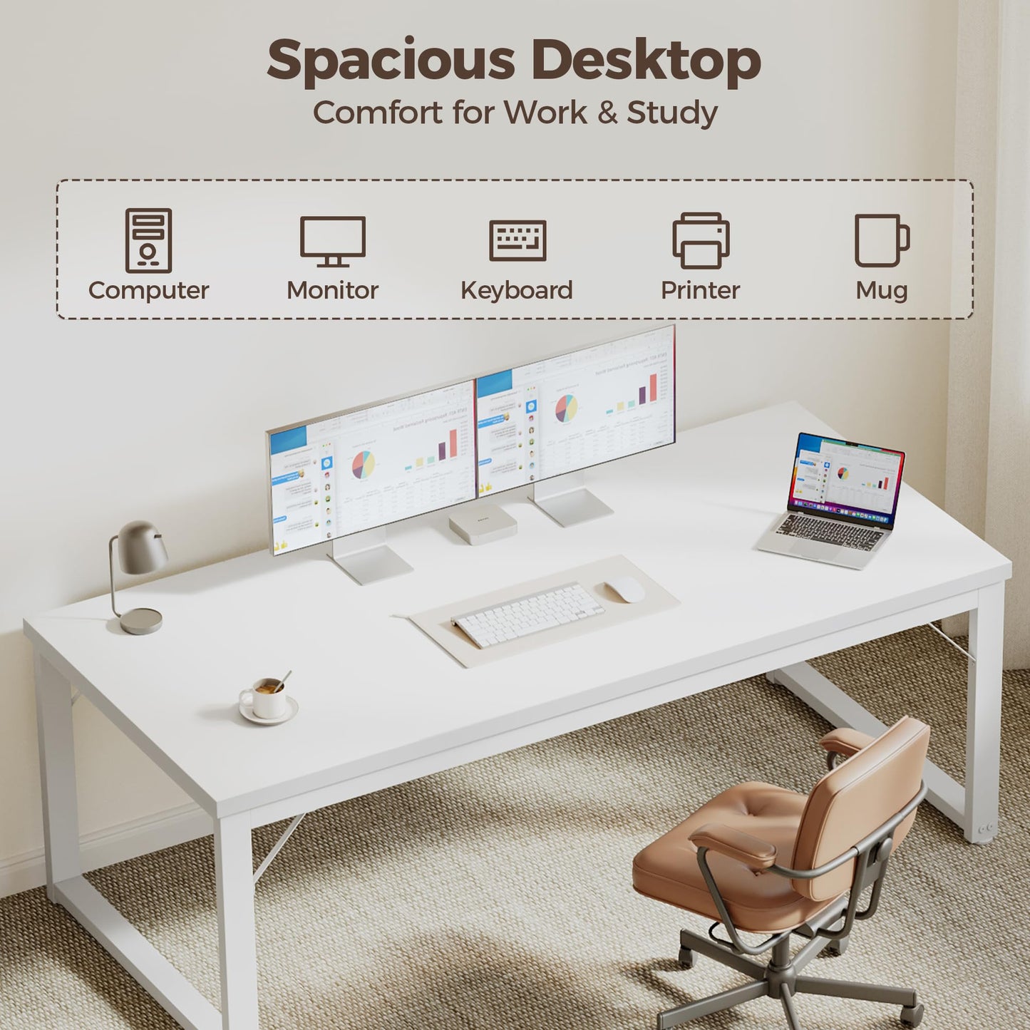 Mericonia 48 Inch Computer Desk, 1" Thick Heavy Duty Industrial Office Desk, Modern Simple Study Writing Table for Home Office Bedroom Workstation, White