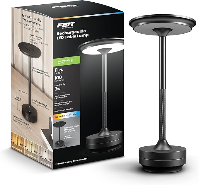 Feit Electric Rechargeable Table Lamp Touch Activated, 3 Color Temperatures, Dimmable, 100 Lumens, 3 Watts, USB Type-C Charging, Potable & IP44 Rated for Indoor/Outdoor Use, TABLE/3CCT/BK/BAT