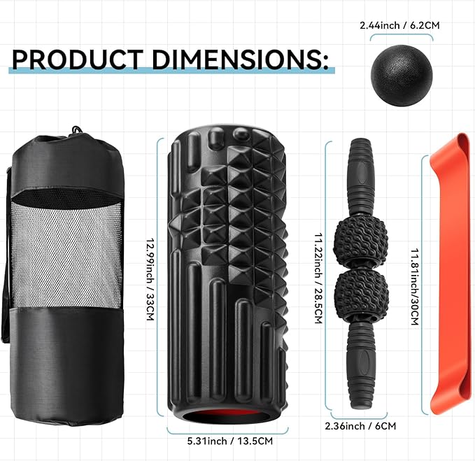 5 in 1 Foam Roller Set, Trigger Point Back Roller, Muscle Roller Stick, Massage Ball, Massage Roller, Resistance Band for Deep Tissue Massage Fitness Exercise Yoga Pilates(Black)