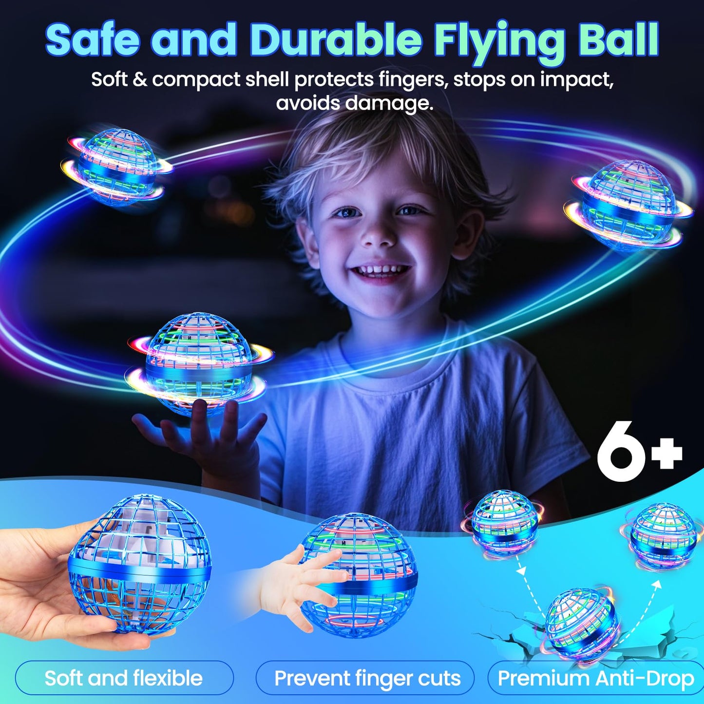 NWLAEWR Flying Orb Ball Toy, 2026 Upgrade Hand Controlled Hover Ball with LED Lights, 360° Rotating Boomerang Globe Cool Mini Drone, Ideal Birthday&Christmas Gift for Boys Girls-Bright Blue