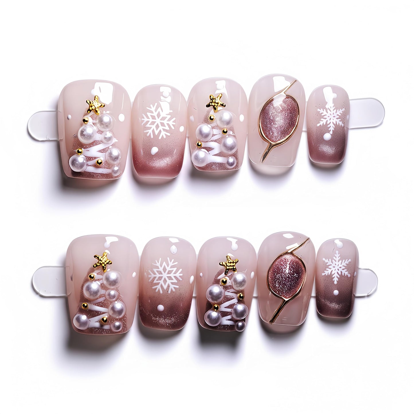 Fine Point Handmade Holiday Snowflake Pearl Press On Nails – 10 Piece Nude Pink Ombre Short Squavol False Nails with 3D Pearls, Christmas Tree & Gold Accents, Acrylic Nails, Festive (Size Large)