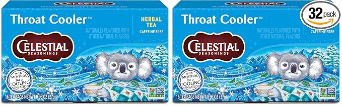 Celestial Seasonings Throat Cooler Herbal Tea, Caffeine Free, 16 Tea Bags Box (Pack of 2)