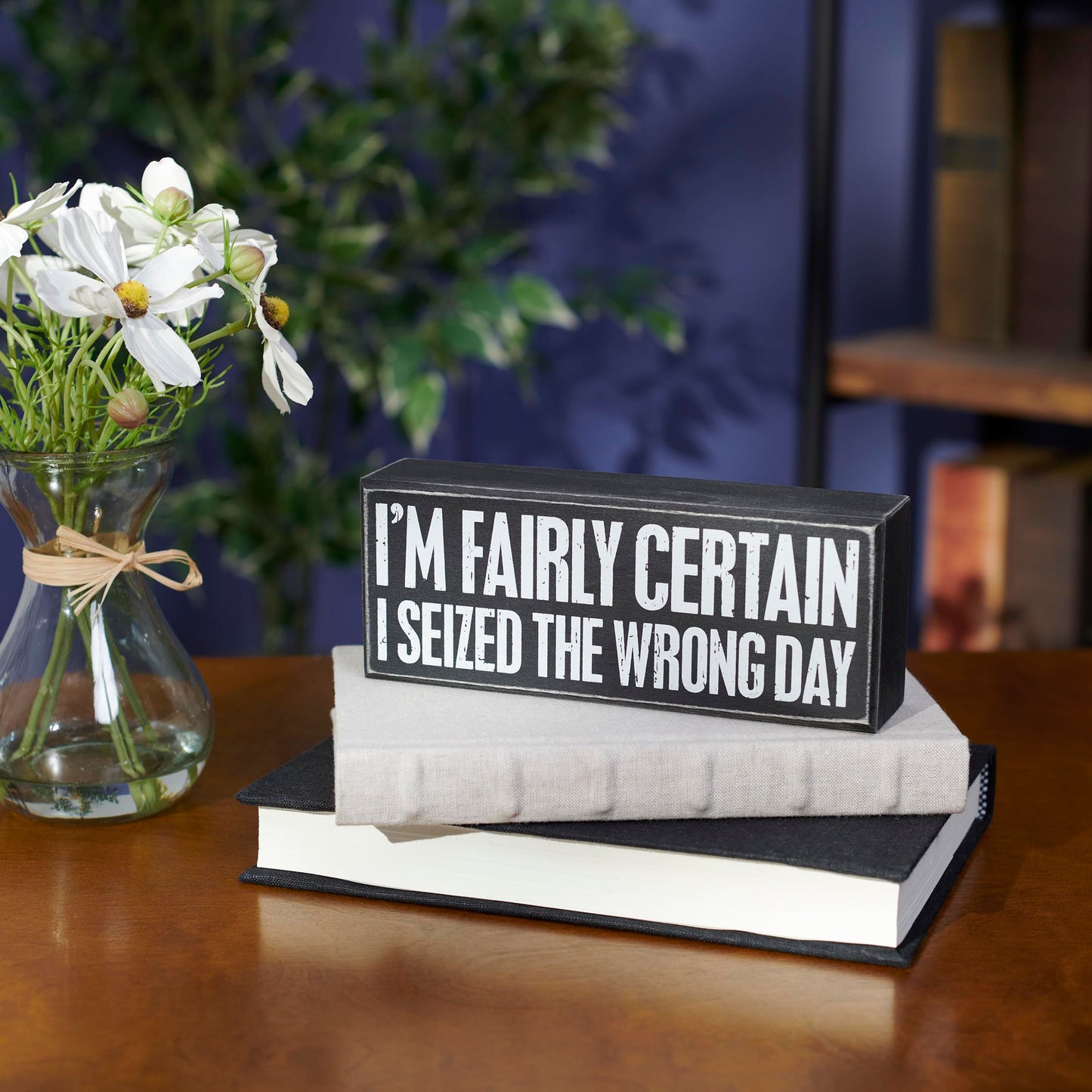 Primitives by Kathy Decorative Wood Box Sign humorous sentiment "I'm Fairly Certain I Seized The Wrong Day/Funny Home décor sign/distressed style/office kitchen shelf table décor/gift