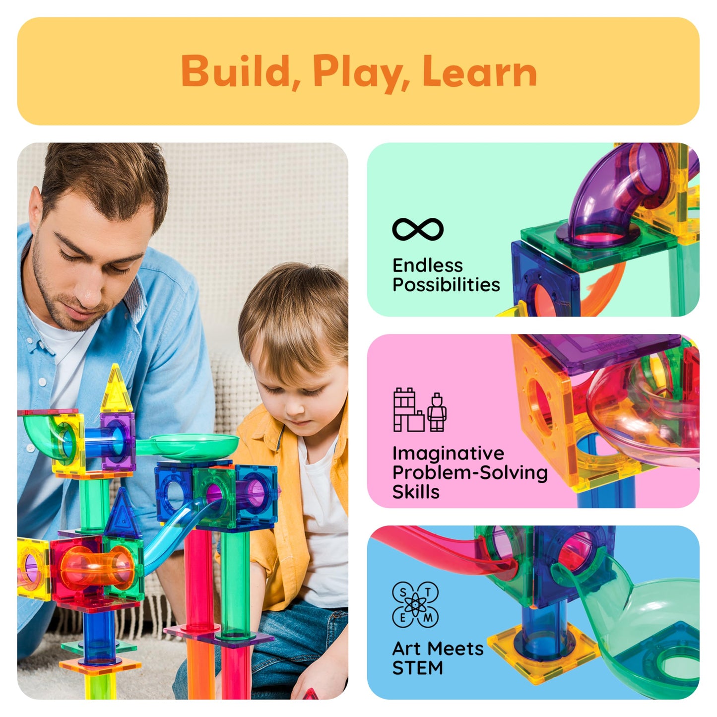 PicassoTiles 100pc Magnetic Marble Run Set with Racing Track Tiles Funnels Curved Slopes and Steel Balls for Kids STEM Construction Indoor Learning Toy that Promotes Focus and Problem Solving PTG100