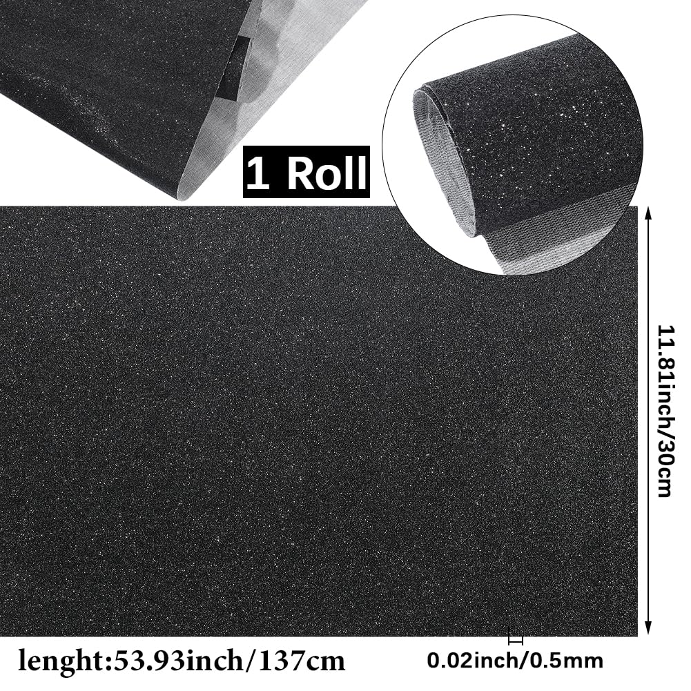 CALFOVERA 53.94×11.81 Inch Sparkle Glitter PU Leather Rolls Solid Fabric Sheets Shiny PU Leather Sheet Vinyl Material Leatherette Canvas for DIY Crafts Wedding Sewing Making Earrings (Black)