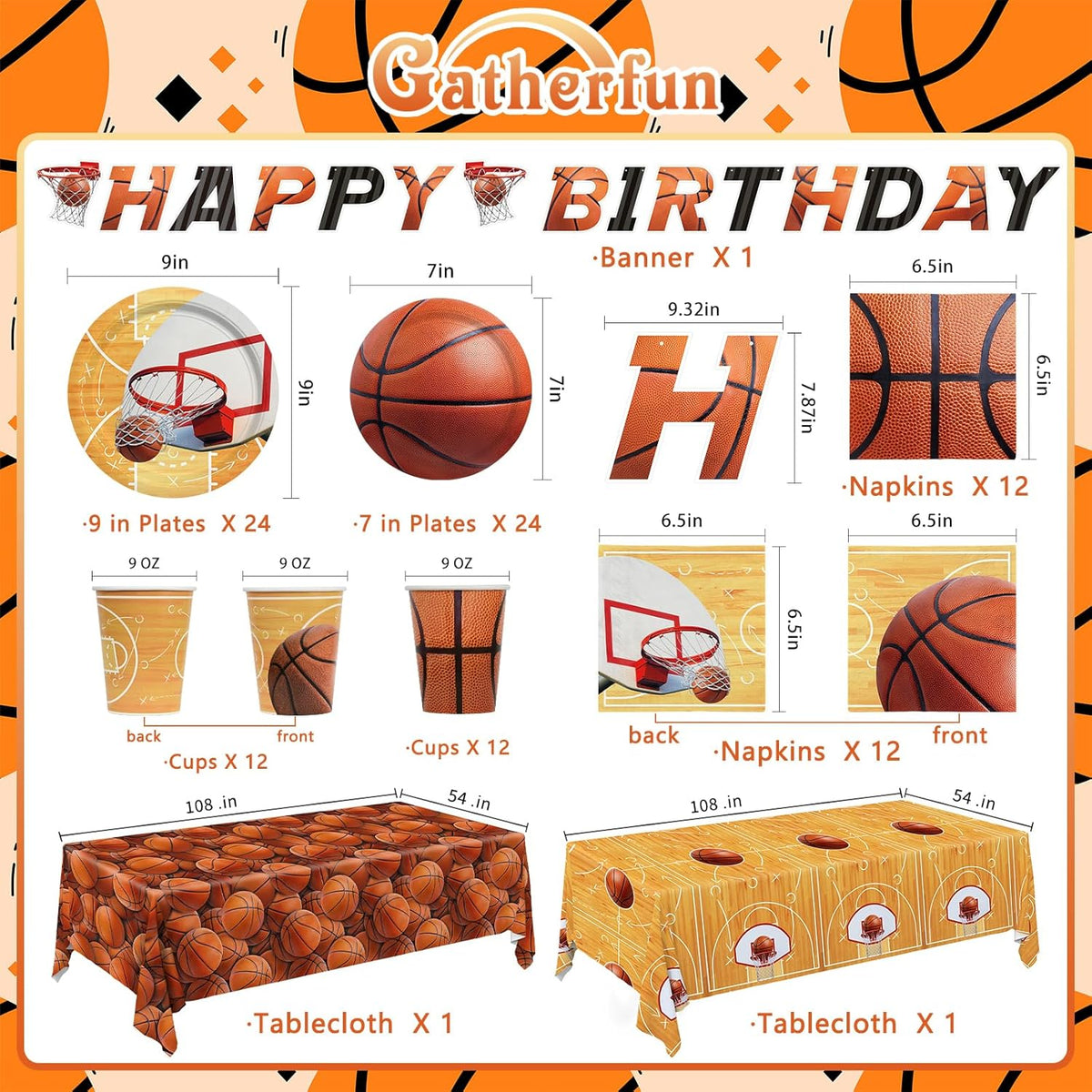 Gatherfun Basketball Party Supplies Kit for 24 - Basketball Party Decorations with Dinner & Dessert Plates, Napkins, Cups, Banner & Tablecloth - for Basketball Birthday & Sports Party Decorations