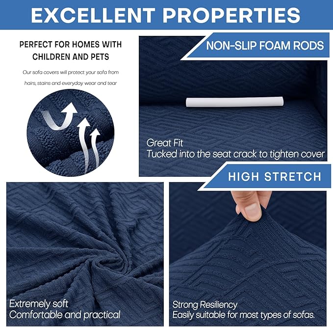 XINEAGE 2026 New 1 Piece Couch Covers for 3 Cushion Couch (79"-91") Stretch Sofa Cover Slipcover Pet Friendly Soft Washable Furniture Protector with Elastic Bottom for Kids,Dog (Sofa, Navy Blue)