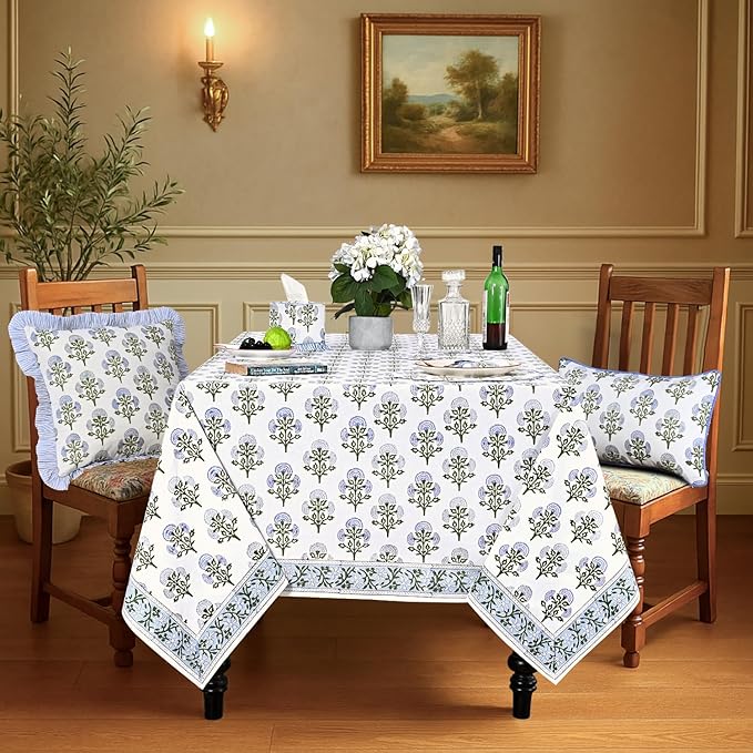 Ridhi Hand Block Print Mughal Buta Blue Rectangle Cotton Tablecloth 108" x 70" Reusable Table Cover Decorative Everyday Use for Dining, Farmhouse, Home Gift for Spring, Easter, Valentine