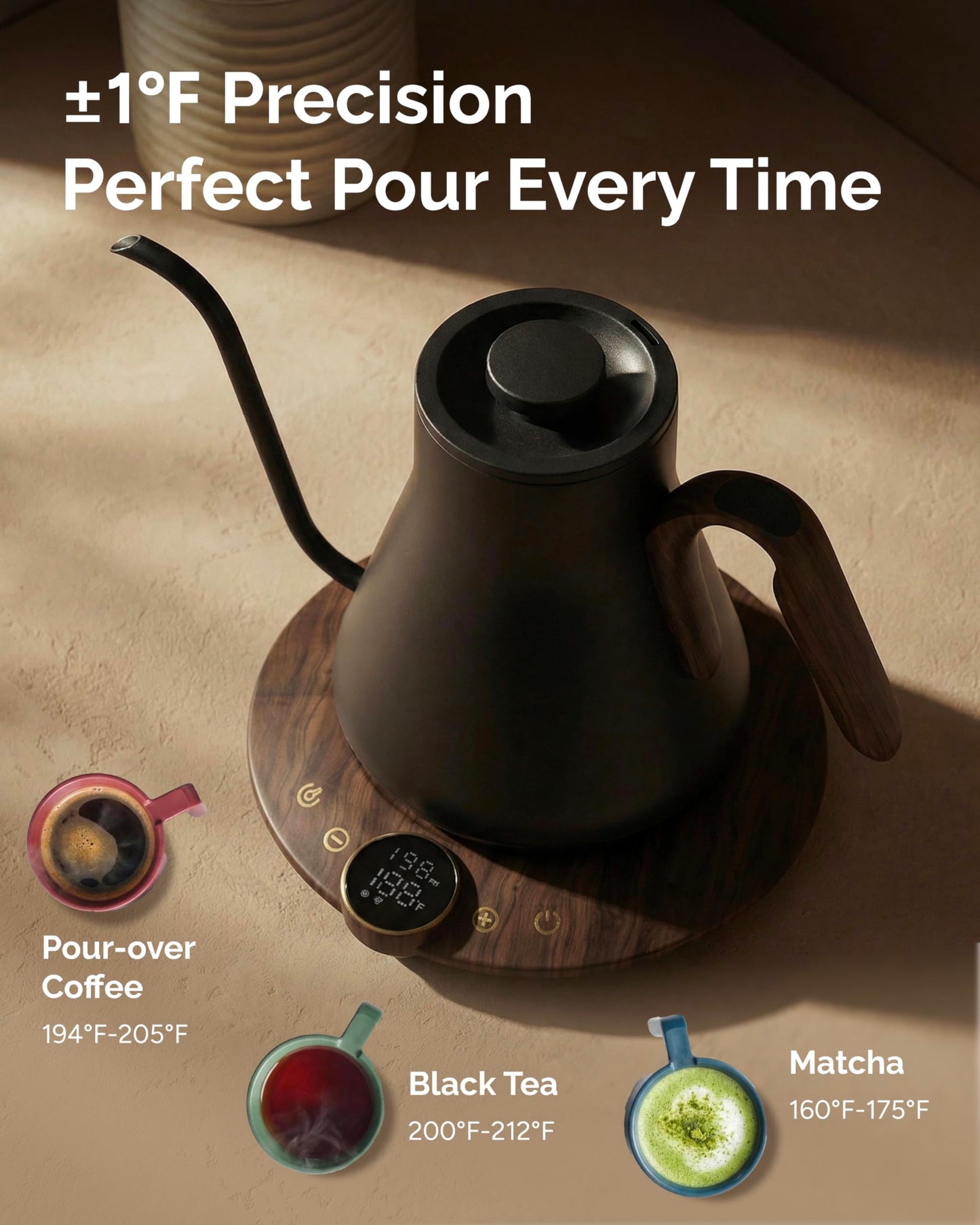 INTASTING Gooseneck Electric Kettle, ±1℉ Temperature Control, Stainless Steel Inner, Quick Heating, for Pour Over Coffee, Brew Tea, Boil Hot Water, 1500W/0.9L (Glossy Black)