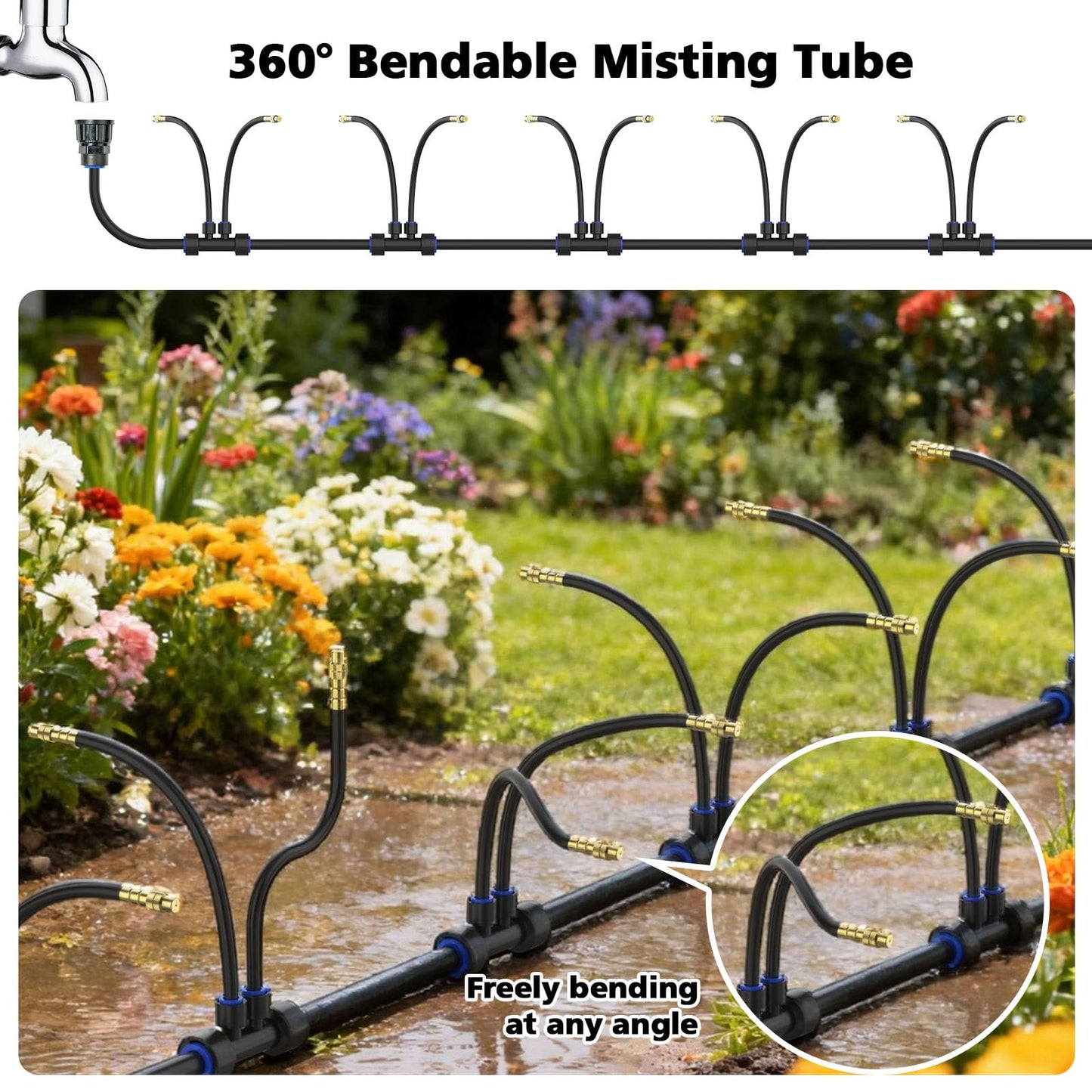 Drip Irrigation System 2 Ports - 360°Adjustable Garden Watering System 50FT with 30 Nozzles, Drip Irrigation Kit for Garden, Yard, Lawn, Greenhouse, Plants, 2/5 inch Hose