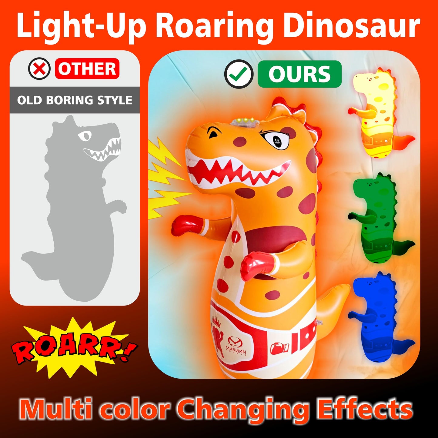 Light-Up Inflatable Dinosaur Punching Bag with Roaring Sound – 47” Bop Bag with Fast Bounce-Back for Active Kids Ages 2-7 – Fun Boxing Toy for Toddlers (3 AAA Batteries Required, Orange)